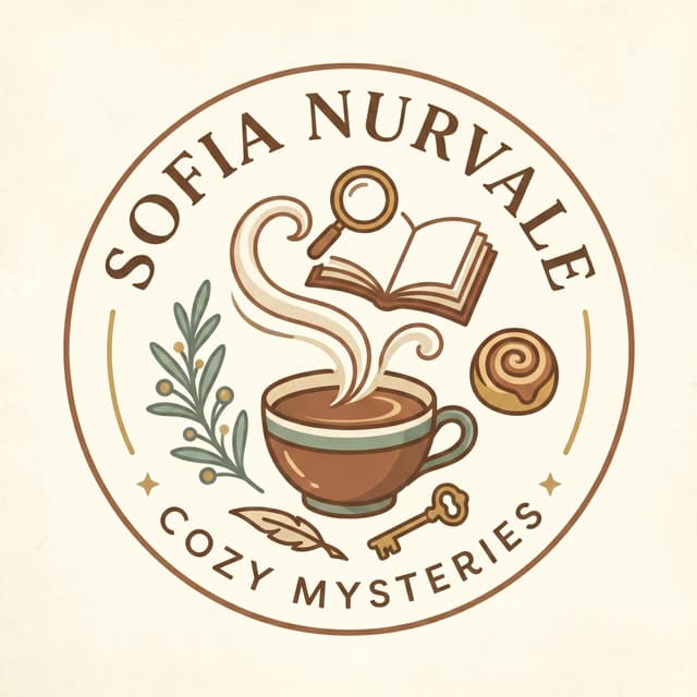 Sofia Nurvale Cozy Mysteries emblem — a teacup, open book, and magnifying glass